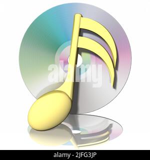 3D Abbildung. Musik-CD mit musikalischer Note isoliert auf weißem Hintergrund mit Reflexion Stockfoto