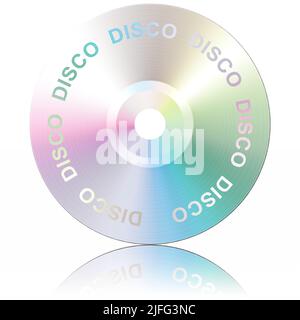 3D Abbildung. Disco. Musikgenres. CD isoliert, mit Reflexion, auf weißem Hintergrund. Stockfoto
