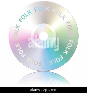 3D Abbildung. Folk. Musikgenres. CD isoliert, mit Reflexion, auf weißem Hintergrund. Stockfoto