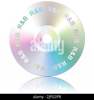 3D Abbildung. R&B. Musikgenres. CD isoliert, mit Reflexion, auf weißem Hintergrund. Stockfoto
