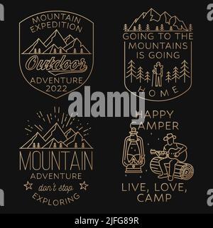 Set von Camping-Abzeichen, Patches. Vektor. Konzept für Hemd oder Logo, Print, Stempel oder T-Shirt. Vintage Line Art Design mit Wanderer, Mann mit Gitarre, Laterne Stock Vektor