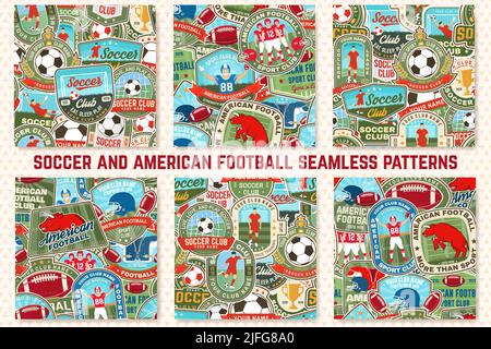 Set von american Football und Fußball-Club nahtlose Muster. Vektorgrafik. Hintergrundbild, Hintergrund mit Fußball, Sportler, Fußball Stock Vektor