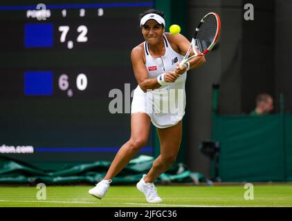 Heather Watson aus Großbritannien im Einsatz gegen Kaja Juvan aus Slowenien während der dritten Runde der Wimbledon Championships 2022, Grand Slam Tennisturnier am 1. Juli 2022 im All England Lawn Tennis Club in Wimbledon bei London, England - Foto: Rob Prange/DPPI/LiveMedia Stockfoto