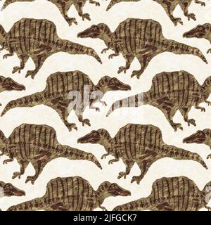 Braun handgezeichnete Spinosaurus fossile Knochen Dinosaurier nahtloses Muster. Geschlechtsspezifische neutrale jurassische Silhouette für die Babykrippe. Home Dekor für Museum Stockfoto