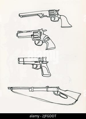 Zeichnung von mehreren Arten von Feuerwaffen. Ein Friedensstifter, Revolver, automatische Pistole und ein Riffel. Stockfoto