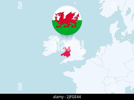Europa mit ausgewählter Karte von Wales und Flaggen-Symbol von Wales. Vektorkarte und Flagge. Stock Vektor