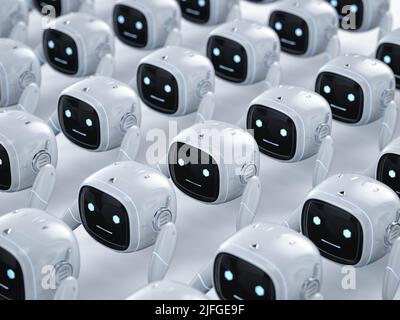 3D Rendering Gruppe von niedlichen Assistenten künstliche Intelligenz Roboter kein Bein mit Zeichentrickfigur Stockfoto