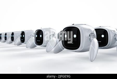 3D Rendering Gruppe von niedlichen Assistenten künstliche Intelligenz Roboter kein Bein mit Zeichentrickfigur Stockfoto