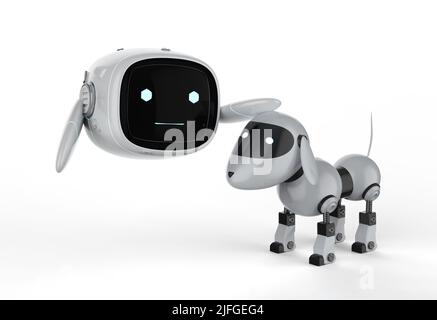 3D Rendering niedlich und kleine künstliche Intelligenz Roboter spielen mit Hund Roboter Stockfoto