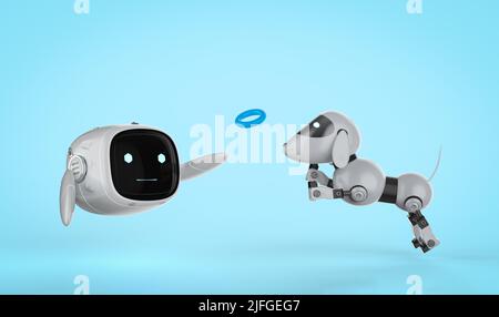 3D Rendering niedlich und kleine künstliche Intelligenz Roboter spielen mit Hund Roboter Stockfoto