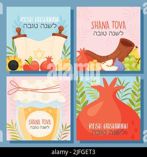 Happy Rosh Hashanah Tag, Shana Tova Grußkarten Set. Vektorgrafik Stock Vektor