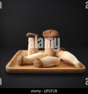 Beliebte ungekochte gesunde asiatische essbare King Oyster Pilze auf Holzplatte auf schwarzem Hintergrund. Asiatische Küche. Stockfoto