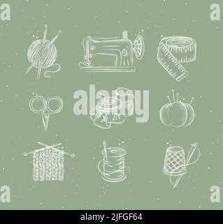 Bäckerei Icon Set mit illustrierter Nähmaschine, Fadenspüle, Schere, Stricknadeln, Nadel, Faden, Stickereien Reifen in Hand-Zeichnung Stil o Stock Vektor