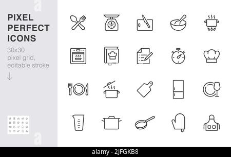 Symbol für die Kochzeile eingestellt. Küchengeräte - Pfanne, Topf, Abendessen Utensil, Kochbuch, Chefkoch hat minimale Vektor-Illustration. Einfache Umrisse Zeichen der Lebensmittel Rezept Stock Vektor