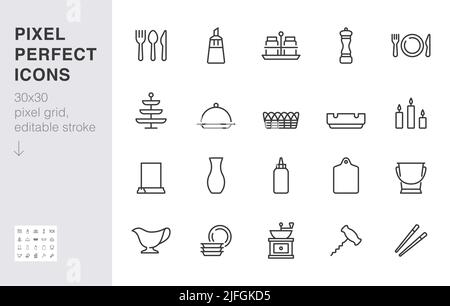 Symbol für die Geschirrlinie. Tischeinstellung - Zuckerdose, Salzstreuer, Gabel, Löffel, Essensstäbchen, Aschenbecher minimale Vektorgrafik. Einfaches Umrisszeichen von Stock Vektor