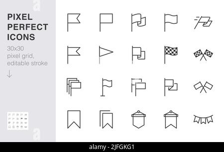 Markierungslinie Symbol gesetzt. Karierte Flaggen, Positionsmarkierung, winkende Wimpel, Lesezeichen, minimale Vektorgrafiken. Einfache Umrissschilder für die Web-Map Stock Vektor