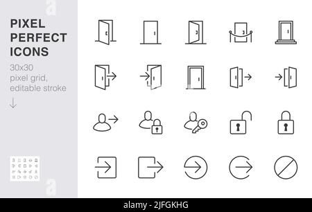 Symbol für offene Türlinie eingestellt. Login, Abmelden, Registrieren, Passwort, vip-Eingang, Schlüssel, Schloss, Beenden von minimalen Vektorgrafiken. Einfache Umrissschilder für das Web Stock Vektor