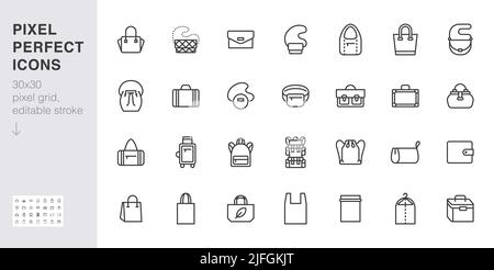 Säcke Zeile Symbol gesetzt. Geldbörsen - Tasche, Aktentasche, fanny Pack, Shopper, Gepäck, Plastiktüte mit minimalen Vektorgrafiken. Einfache Umrisszeichen für Stock Vektor