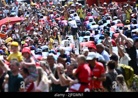 Vejle nach Sonderborg, Dänemark. 3.. Juli 2022. Sonderborg, Dänemark. 03.. Juli 2022. Radsportfans jubeln bei der dritten Etappe des Radrennens der Tour de France, 182km von Vejle nach Sonderborg, Dänemark, am Sonntag, den 03. Juli 2022 an. Die diesjährige Tour de France findet vom 01. Bis 24. Juli 2022 statt und startet mit drei Etappen in Dänemark. BELGA FOTO JASPER JACOBS Kredit: Belga Nachrichtenagentur/Alamy Live Nachrichtenquelle: Belga Nachrichtenagentur/Alamy Live Nachrichten Stockfoto