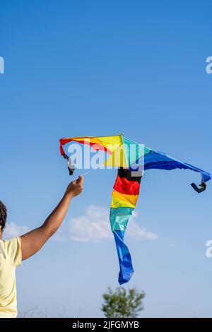 Afroamerikanische Frau, die einen bunten Drachen fliegt Stockfoto