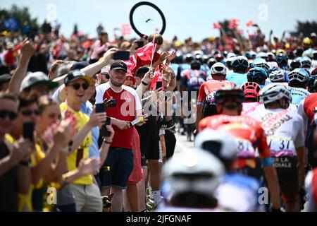 Vejle nach Sonderborg, Dänemark. 3.. Juli 2022. Sonderborg, Dänemark. 03.. Juli 2022. Radsportfans jubeln bei der dritten Etappe des Radrennens der Tour de France, 182km von Vejle nach Sonderborg, Dänemark, am Sonntag, den 03. Juli 2022 an. Die diesjährige Tour de France findet vom 01. Bis 24. Juli 2022 statt und startet mit drei Etappen in Dänemark. BELGA FOTO JASPER JACOBS Kredit: Belga Nachrichtenagentur/Alamy Live Nachrichtenquelle: Belga Nachrichtenagentur/Alamy Live Nachrichten Stockfoto