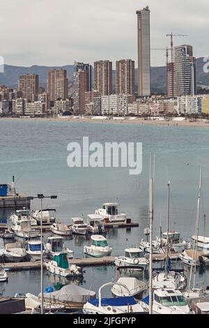 Panoramablick auf Playa Poniente vom Fischereihafen in der Stadt Benidorm, Provinz Alicante, Bundesland Valencia, Spanien, Europa Stockfoto