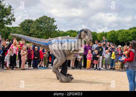 Dino Jurassic Live in Southport, Merseyside. UK Entertainment, Jurassic Live – Erleben Sie das furchtbar realistische T-Rex Dinosaurs Show Event Roarsome Adventure im Victoria Park Far Away Land Familienfest. Jurassic World Live ist eine Live-Show von Feld Entertainment und NBC Universal, die auf der Jurassic World-Franchise basiert. Familien mit Kindern strömten in den Victoria Park, um ein „Far Away Land“ zu besuchen, um Animatronic-Riesenspaziergänge zu sehen – ein prähistorisches Wochenenderlebnis. Stockfoto