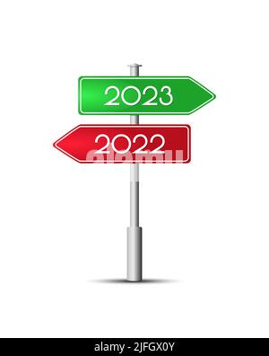 Frohes Neues Jahr 2023. Eine Säule mit einem roten und grünen Zeiger und den Zahlen 2022 und 2023 für Neujahrs- und Weihnachtsgrüße Stock Vektor