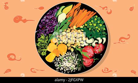 Nützliche und gesunde frische Lebensmittel. Frisches Gemüse und Kräuter, Tomaten und Bohnen mit Sesam verbessern Ihre Gesundheit. Stock Vektor
