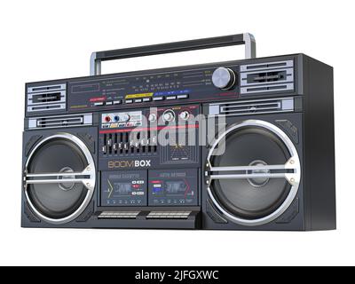 Retro Ghetto Blaster Boombox, Radio und Tonbandgerät isoliert auf weiß. 3D Abbildung Stockfoto