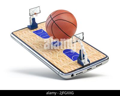 Basketballball auf einem Basketballplatz auf dem Mobiltelefon oder Smartphone. Videospiel, Wetten online und Spiel online ansehen Konzept. 3D Abbildung Stockfoto