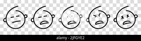 Emoji-Gesichter. Vektor-Skizze von Doodle Emoji, Symbol des traurigen Gesichts. Vektorgrafik auf transparentem Hintergrund. Stock Vektor