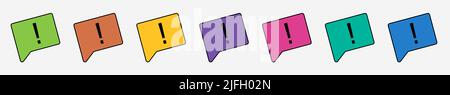 Mehrfarbige Sprechblasensymbole. Markierungssymbol mit Ausrufezeichen. Kommunikation, der Dialog der Menschen. Abbildung auf weißem isoliertem Backgro Stock Vektor