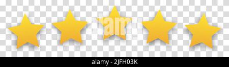 Fünf goldene Sterne mit Schatten auf transparentem Hintergrund. Ranking-Konzept für Apps, Spiele oder Website. Das Konzept von Feedback und Bewertung von sup Stock Vektor