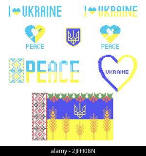 Ich liebe Ukraine, Frieden, ukrainische Symbole Kreuzstich Stickerei, Vektor Stock Vektor