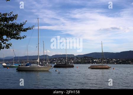 Geparkte Boote, die auf einer ruhigen Wasseroberfläche eines Sees in Zürich, Schweiz, fliessen, Juli 2018. Berge und wolkigen Himmel im Hintergrund. Stockfoto