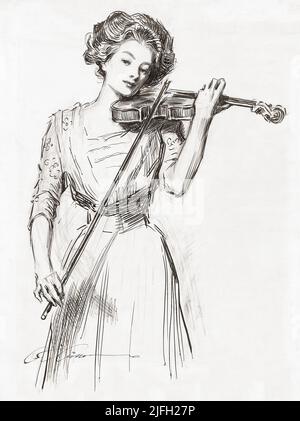 Eine wunderschöne Euro-amerikanische Frau, die um die Jahrhundertwende 20. eine Geige (Geige) spielt, von Charles Dana Gibson (1867-1944), einem amerikanischen Illustrator. Stockfoto