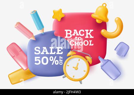 Back to School Sale Banner mit Bleistiften, Markern und Uhr. Vektorgrafik im Stil von 3D Stock Vektor