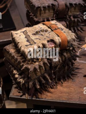 Leavesden, Großbritannien - 9th 2022. Januar: Monster Book of Monsters, zu sehen bei der Making of Harry Potter Tour in den Warner Bros. Studios in Leavesden, NE Stockfoto