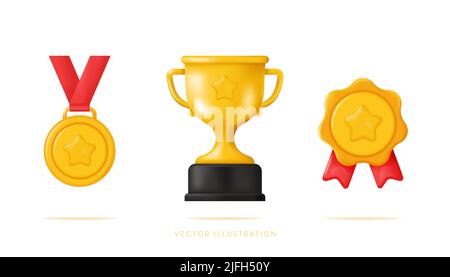 Sammlung von Gold Champions Preisen, Trophäen, Auszeichnungen. Medaille, Pokal und Abzeichen. Vektorgrafik im 3D-Minimal-Stil Stock Vektor