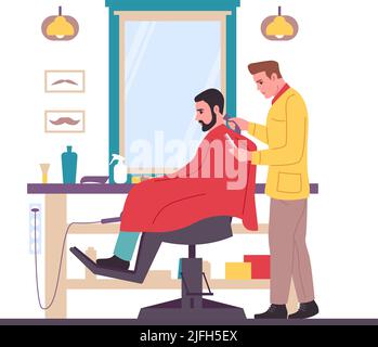 Barbiere mit Männerkunden. Friseure geben Haarschnitte. Shampoonieren und Schneiden. Trimmen im professionellen männlichen Salon. Friseur rasieren Haare zu Stock Vektor