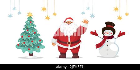 Weihnachtsmann, geschmückter Weihnachtsbaum, Schneemann, Weihnachts-Ikonen-Set. Flache Cartoon-Vektor-Illustration, niedlich und lustig Winter-Charakter für glückliche neue y Stock Vektor