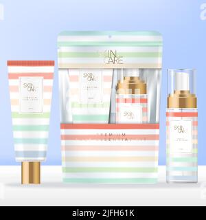 Vector Reise oder Sommer Strand Toilettenartikel oder Hautpflege-Set in Beutel oder Packung Verpackung mit Regenbogen Streifen Muster Design. Stock Vektor