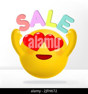 Vektor Emotion Cartoon mit Herz-Form Augen Anhebung Verkauf Alphabete. Grafisches Element für die Ankündigung des Verkaufs. Stock Vektor