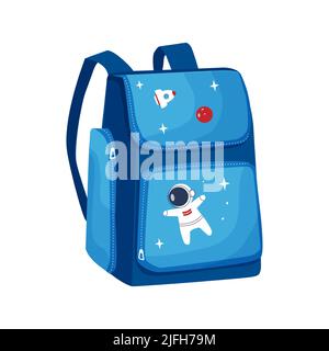 Bunte Schultasche flache Ikone. Blauer Rucksack mit Astronaut- und Raketenbild, Reißverschlüsse isoliert auf weißem Hintergrund. Vektorgrafik. Stock Vektor