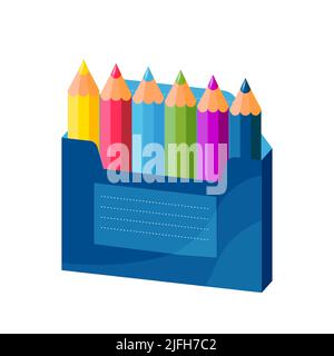 Farbe Regenbogen Holzstifte in blauer Box. Set von Bleistift für Schule und Kunst. Farbige Buntstifte Isometrische Vektor-Illustration Stock Vektor