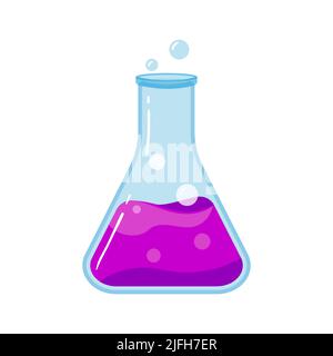 Laborglasflasche mit chemisch-violetter Flüssigkeit, wissenschaftliche Objekt-Vektor-Symboldarstellung. Stock Vektor