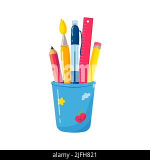 Schule oder Büro Becher für Stifte und Stifte. Helle, flache Vektorgrafik auf weißem Hintergrund. Stift, Pinsel, Bleistifte und Lineal Schreibwarenhalter. Stock Vektor
