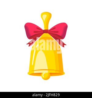 Goldene Glocke mit roter Schleife. Schule Glocke flache Vektor-Illustration isoliert auf weißem Hintergrund. Stock Vektor
