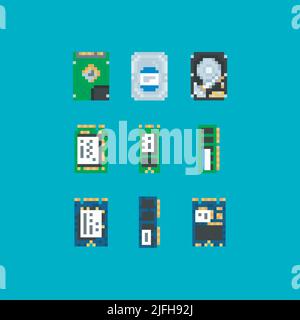 Pixelart-Symbole für die Informationstechnologie eingestellt. Roboterarm. Gehirn und Großhirn. Künstliche Intelligenz Daten Mikroschaltung und Mikrochip. Isolierter Vektor Stock Vektor